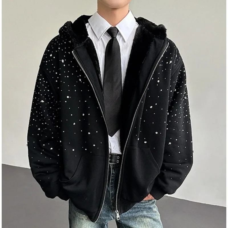 Winter Thick Plush Lined Hoodie Men Korean Fashion Water Diamond Decoration Harajuku Loose Zipper Hooded Jacket Streetwear