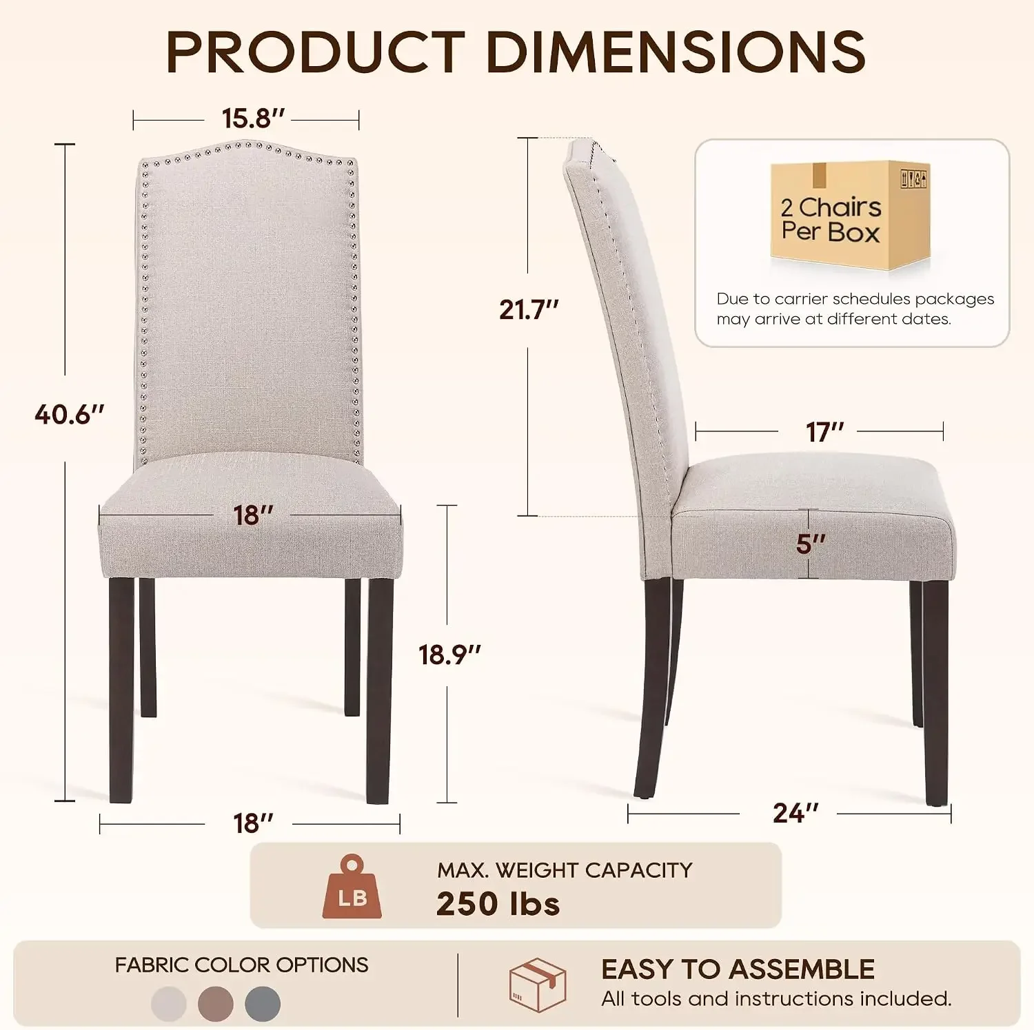 Upholstered Dining Chair Modern Stylish Kitchen Diner Fabric Set of 4 | Silver Nailhead Trim & Wood Legs, High Back, Living Room
