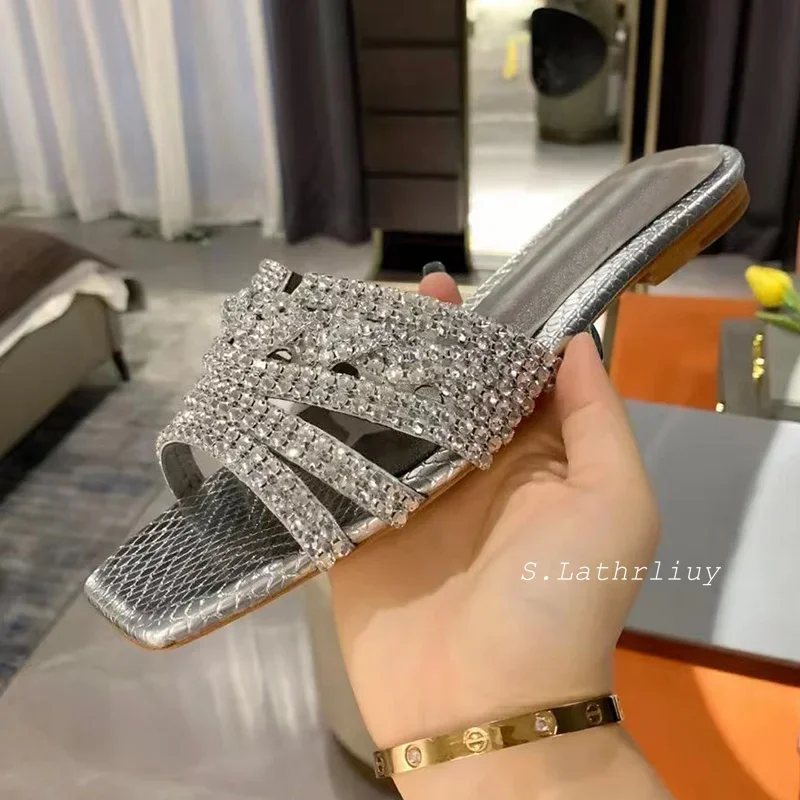 Slippers Summer Shiny Rhinestone Decor Women's Square Toe Hallow Outs Flat Bottom Sandals Outdoor Vacation Beach Shoes 2025