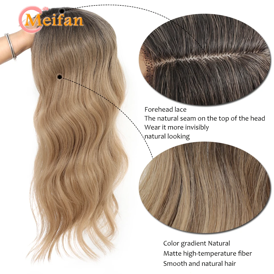 MEIFAN Synthetic Long Water Wavy Curly Hair Toppers Hair Pieces Middle Part Bangs Closure Hair Clip in Hair Extensions for Women