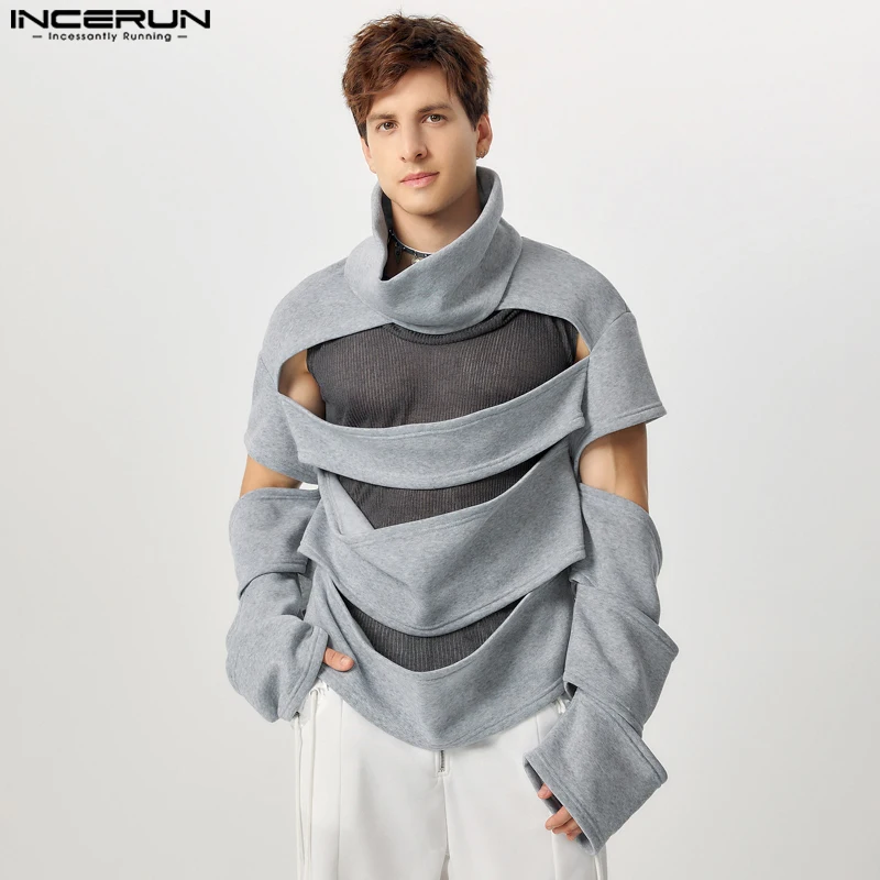 INCERUN Tops American Style Fashion Men Deconstruction Hollow Loose Sweatshirts Sexy Male Solid High Neck Long Sleeved Pullover