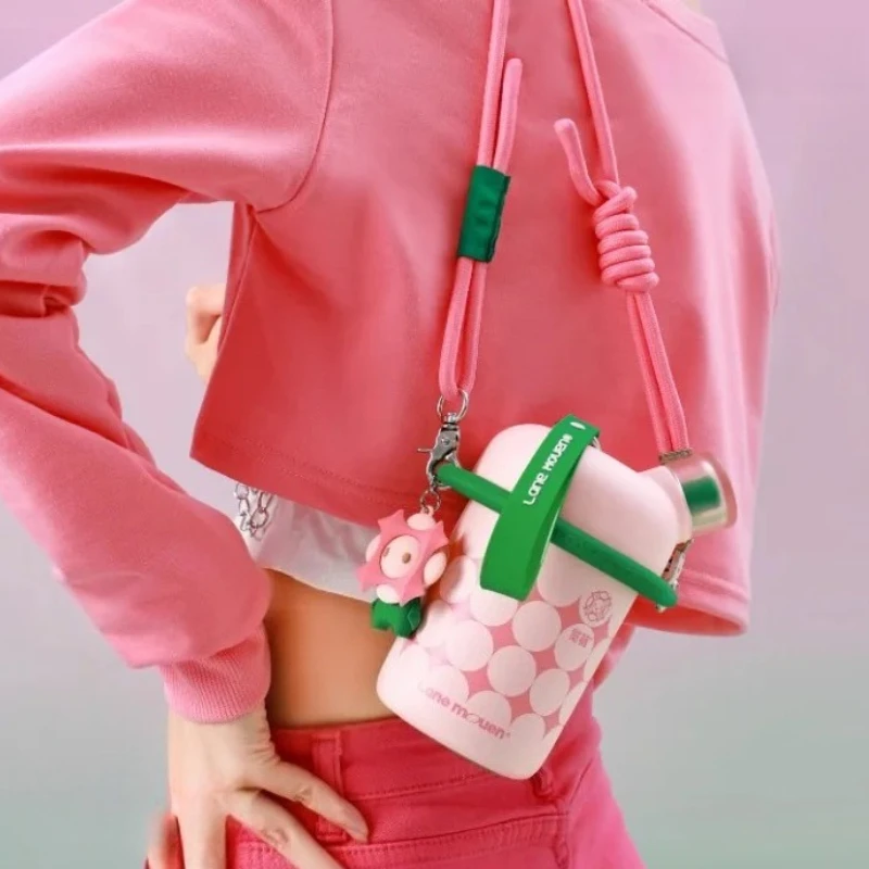 420ml Cute Girls Straw Thermos Cup, 316L Stainless Steel Portable Insulated Water Bottle, Leakproof for Outdoor Camping Office
