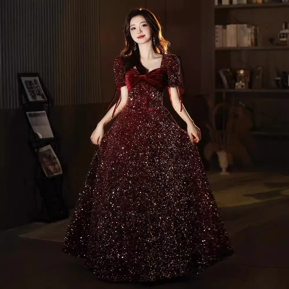 

Shiny Burgundy Sequined Evening Gown Elegant Women Slim Fit Lace-Up Long Dress Princess Formal Banquet Gown Performance Dress