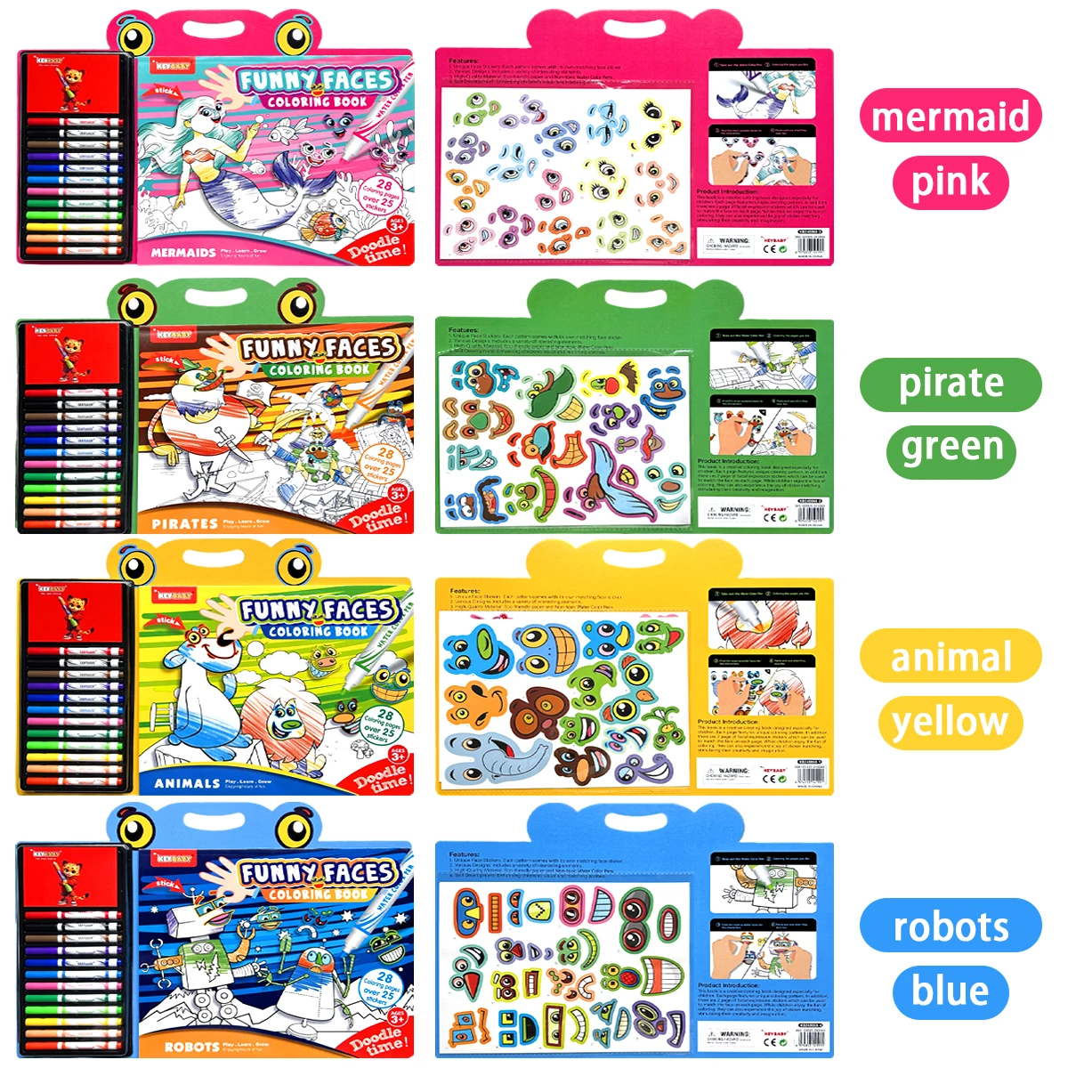 

Funny Coloring Book Set with Watercolor Pens & Stickers, 28 Coloring Pages, Kids Art Drawing Doodle Kit for Ages 3+