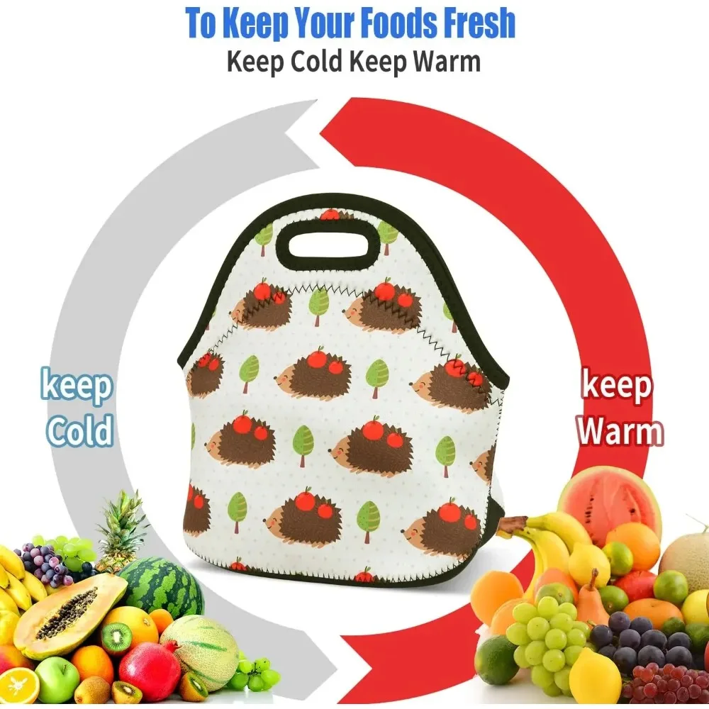 Violet Mist Womens Cute Reusable Neoprene Lunch Bag Insulated LunchBox Hedgehog Animal Thermal Lunch Tote Waterproof Leakproof