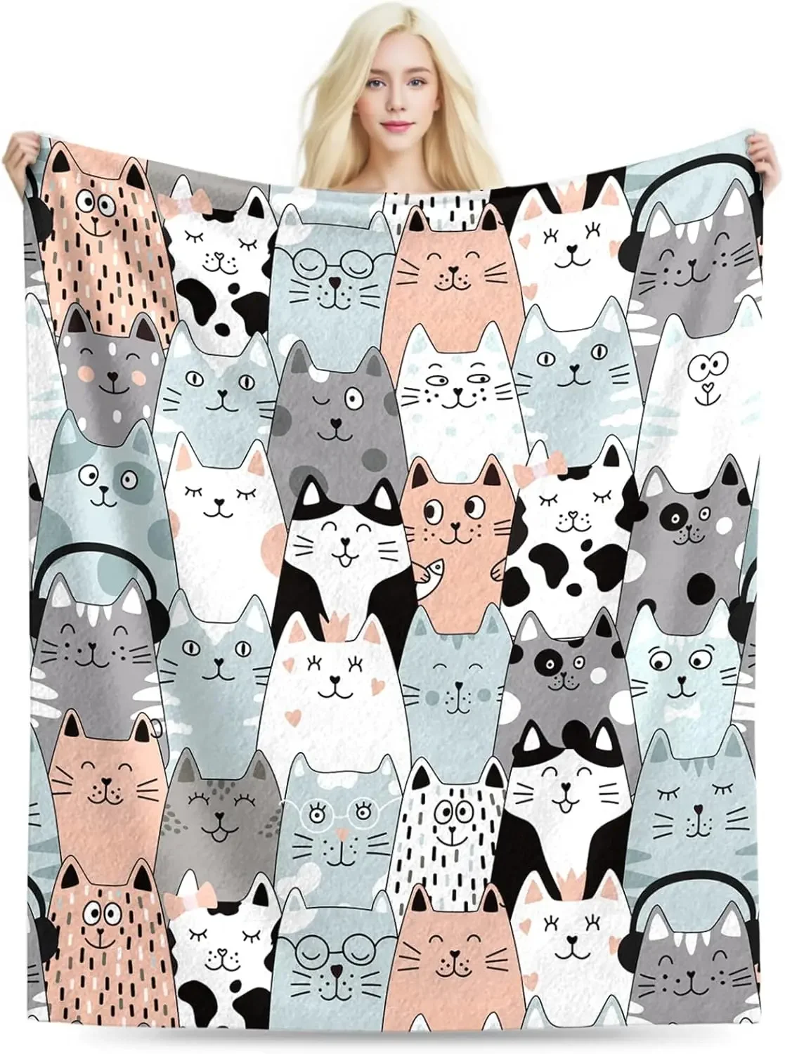 Cute Cat Blanket Seamless Cartoon Kittens Pattern Throw Blanket Aesthetic Kawaii Room Decor Couch Sofa Bedding for Women