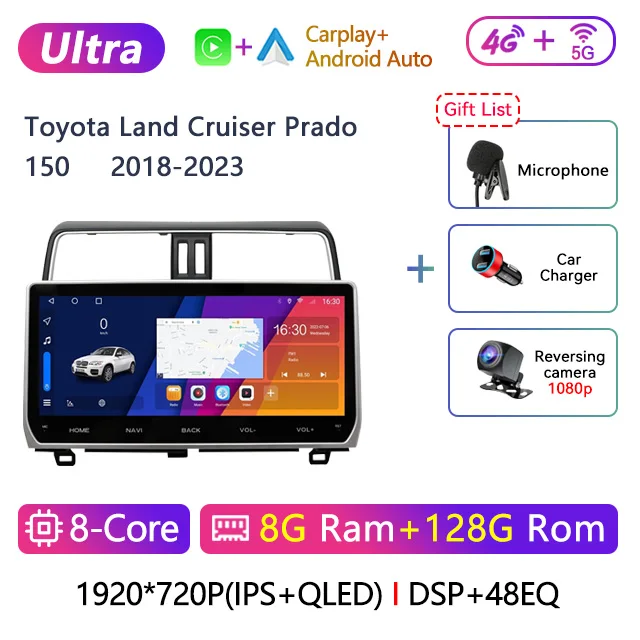 12.3 inch 2 Din Android Car Stereo Radio For Toyota Land Cruiser Prado 150 2018 2019 2020 2021 2022 2023Multimedia Video Player Navigation GPS Carplay Autoradio Head Unit DVD Player With Screen