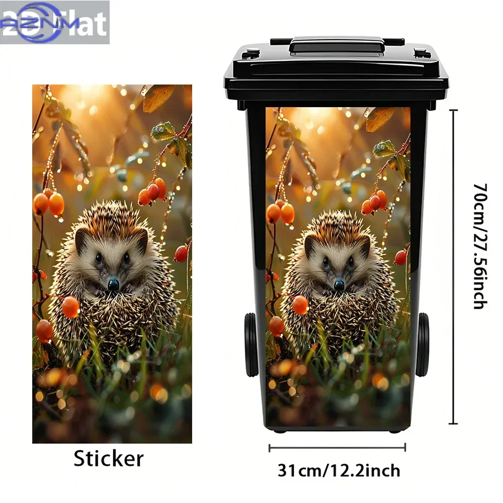 1pc 2D Flat Adorable Autumn Hedgehog & Orange Berry with Dew Art Self-Adhesive Waterproof PVC Trash Can Sticker, Easy Remove D