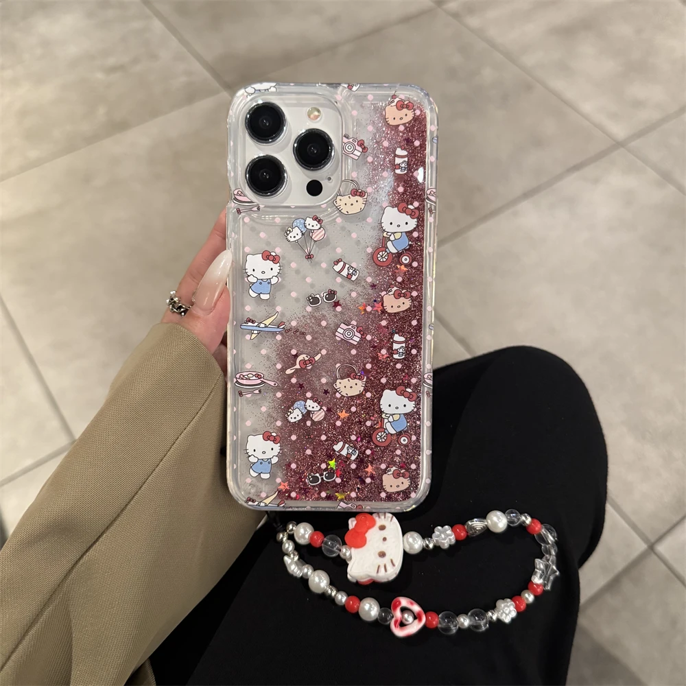 مرحبا كيتي KT بريق قضية الهاتف آيفون 16 15 14 13 12 11 برو ماكس السائل الرمال المتحركة بلينغ غطاء من البولي يوريثان لينة قذيفة