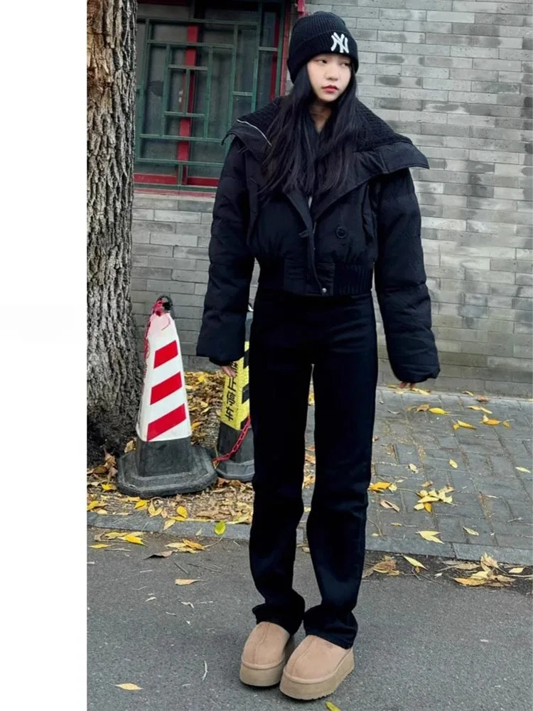 

Прямые джинсы с высокой талией, женские осенние новые узкие широкие брюки больших размеров, длинные брюки с высокой талией