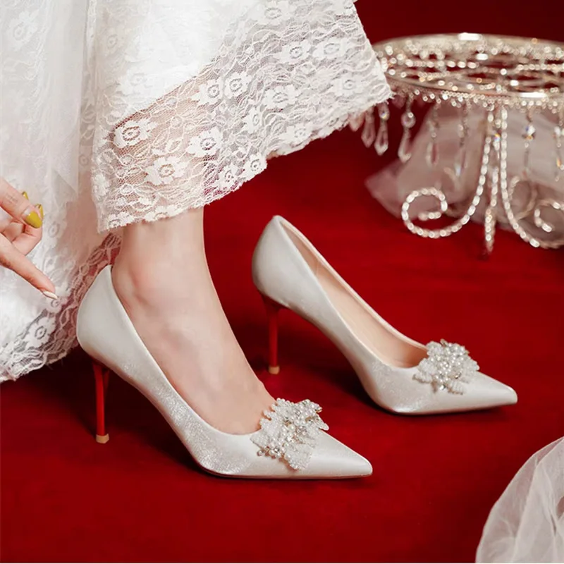 Shoes For Women 2024 Spring New French-Style Bride Bridesmaid Shoes White Pearl Stiletto Heel High Heels Wedding Shoes for Women