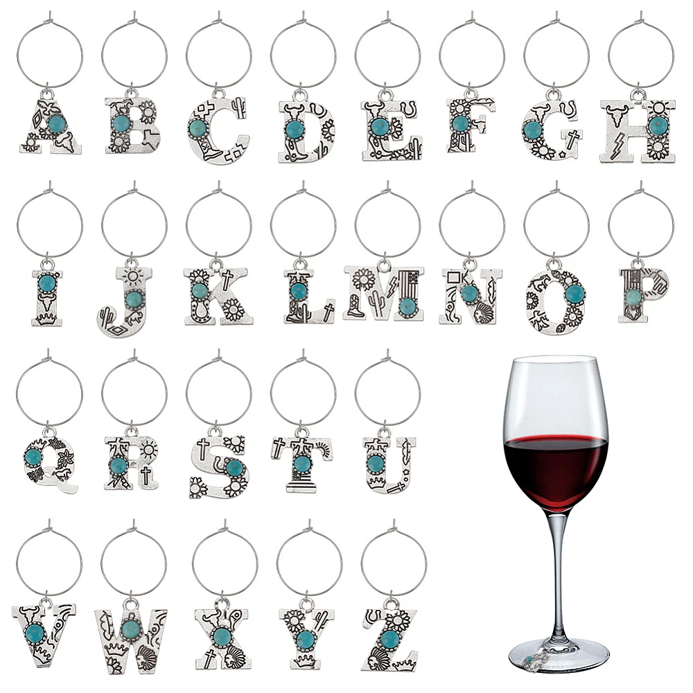 

Brass Wine Glass Charms with Letter Alloy with Turquoise Charms Silver 60mm 26pcs/set