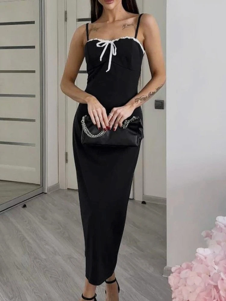 

Sexy Drawstring Lace Black White Splicing Bodycon Long Dress Women Spaghetti Strap Skinny Maxi Dress Elegant Club Party