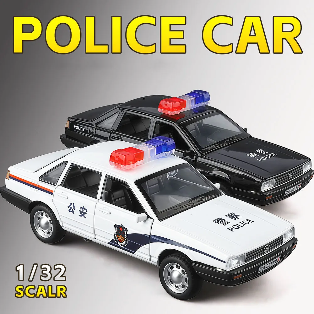 Масштаб 1:32, модель полицейского автомобиля Santana Hellcat, игрушечный сплав, литой под давлением звук, свет, амортизация, открытые двери для детей, подарки