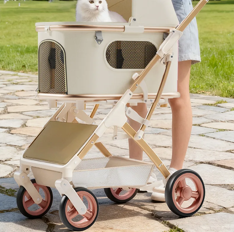 Pet Stroller, One-Click Folding Lightweight Aluminum Shock Absorption, Small Dog Universal Four-Wheel Carrier, Portable Pet Cart