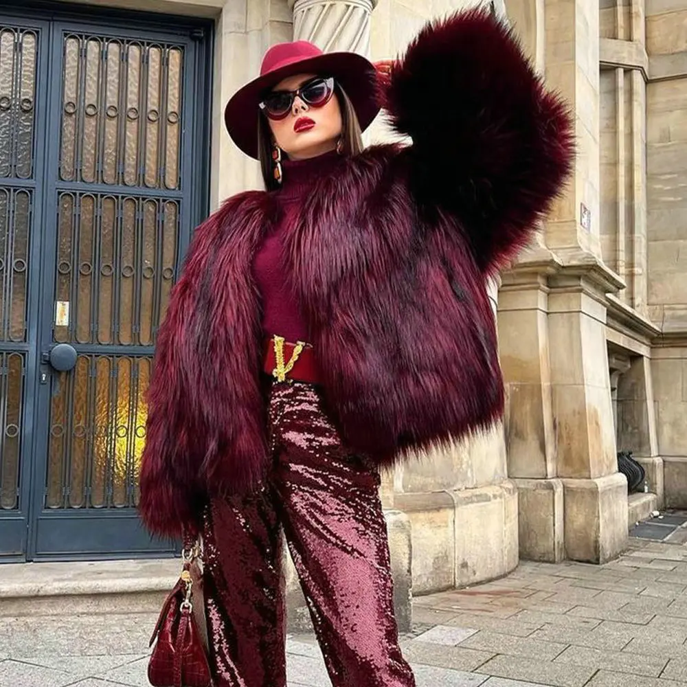 BFFUR Fashion Wine Red Fox Fur Coats Real Women Natural High Quality Fox Fur Jacket Round Collar Luxury Woman Fur Overcoats