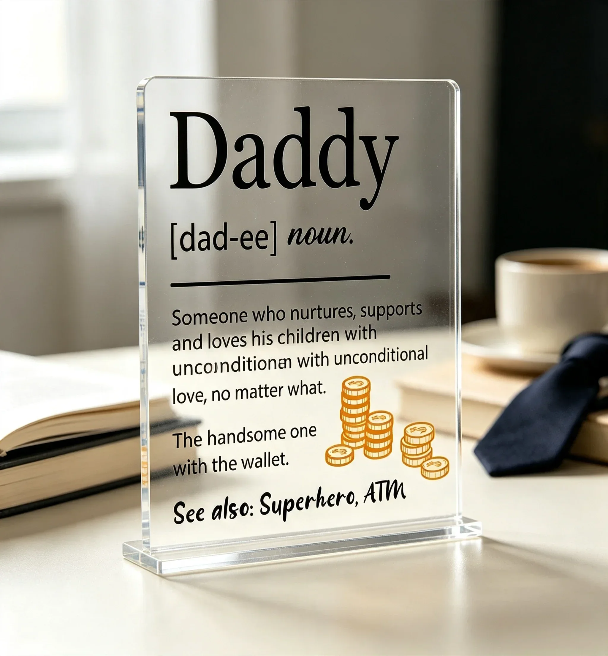 Funny Daddy ATM Superhero Acrylic Stand Sign Father's Day Decor,Humorous Daddy Dictionary Style Acrylic Tabletop Gift for Dad