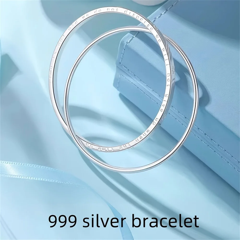 OUYADI 999 Sterling Silver Double‑Loop Bangle Set, Inner Engraved Text Closed Cuff Bracelet, Diameter Women Jewelry Gift