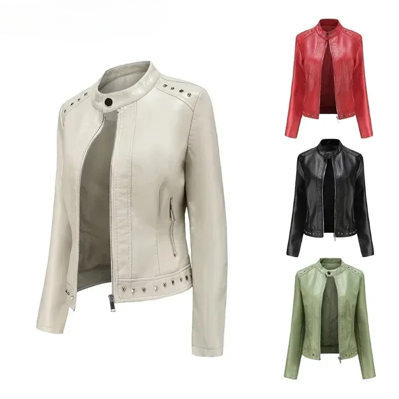 Vestes à manches longues pour femmes, col montant rivet combiné, vêtements d'hiver pour femmes, printemps, automne, cuir PU, motard à moteur, Y-2025 Nouveau