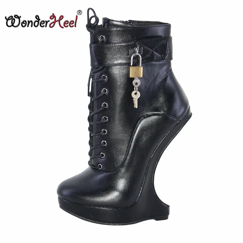 Wonderheel nuevo tacón alto extremo 18 cm con plataforma de 3 cm botines de cuña candados de cuero mate club nocturno Super Girl botas sexis
