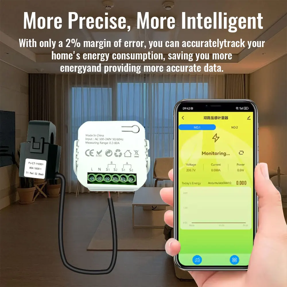 Tuya WiFi مقياس الطاقة الذكي مع محول CT - مراقبة ثنائية الاتجاه لتوليد نظام الطاقة الشمسية الكهروضوئية والتحكم في تطبيق الاستهلاك