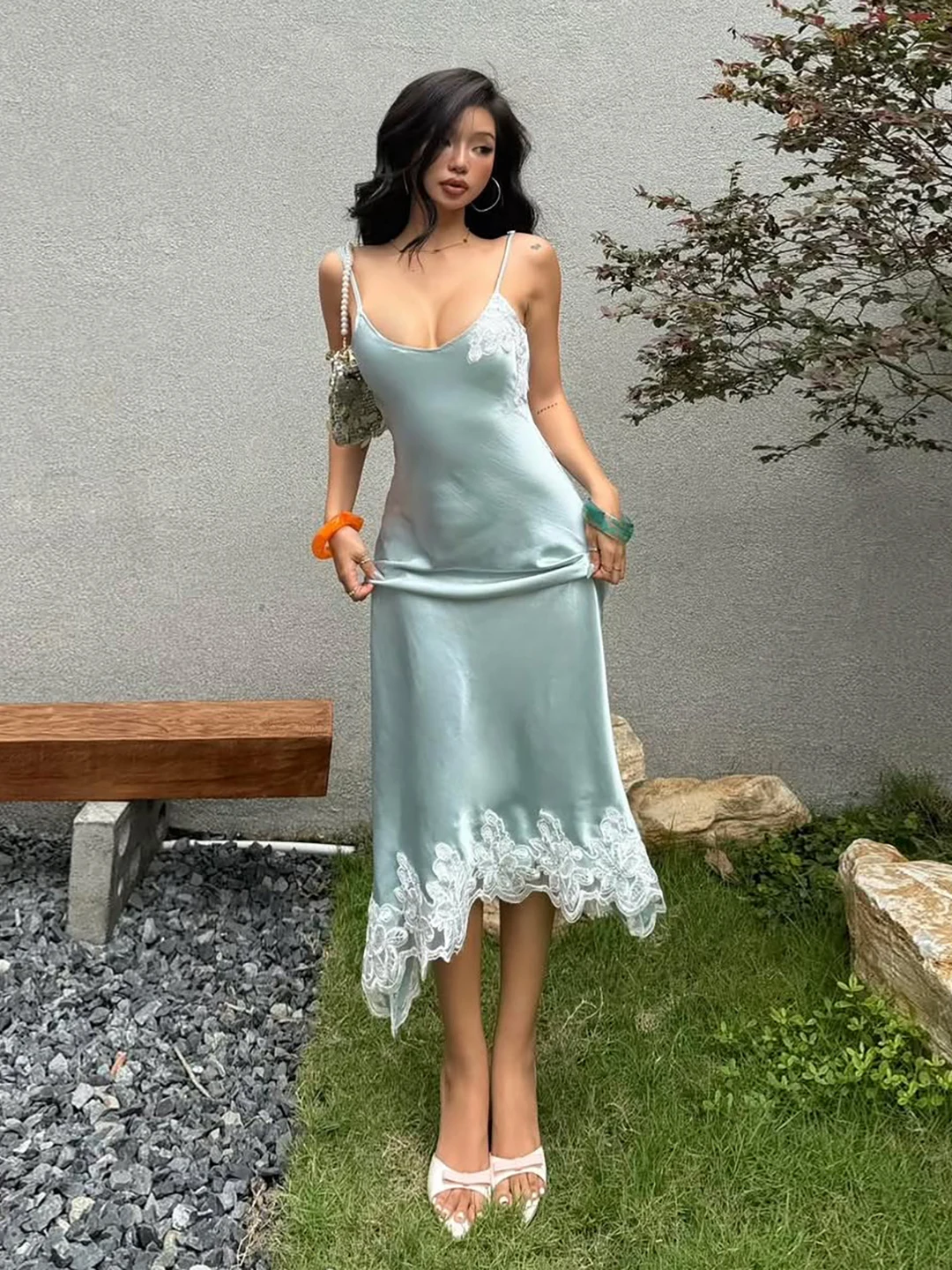 Sisjuly Sexy Lace Splice Silk Blend Slim Fit Strapless Dress Women Summer Fashionable Lady Elegant Style No Sleeve U Neck