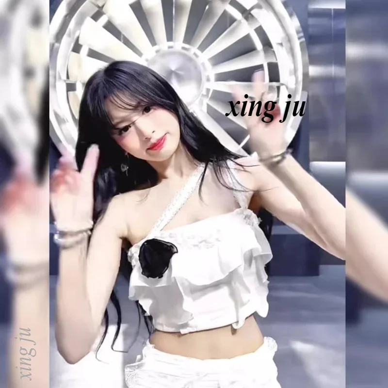 Kpop Korean Singer White Halter Crop Tops Irregular Ruffles Skirt Women Party Jazz Dance Costume Kpop Stage Performance Outfits