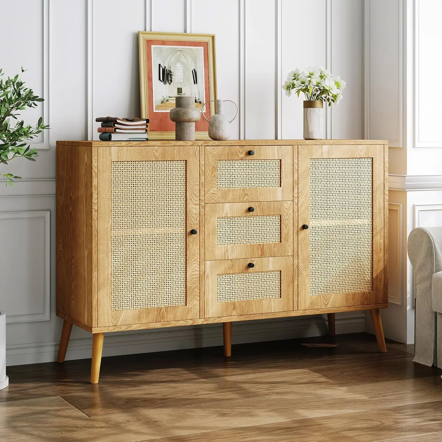 Rattan Boho Accent Cabinet with Storage, Sideboard Cabinet, Console Table 2 Door and 3 Drawer for Living Room, Dining Room