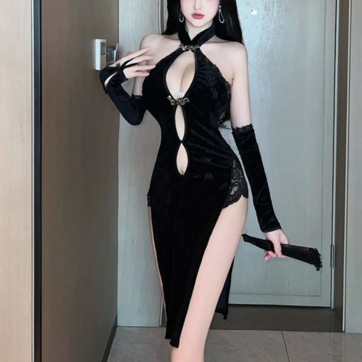 تشيباو على الطراز التايلاندي بظهر مجوف، فستان مخملي من الدانتيل برقبة رسن، ملابس نوم ضيقة ذات فتحة عالية، رسن شيونغسام صيفي #1