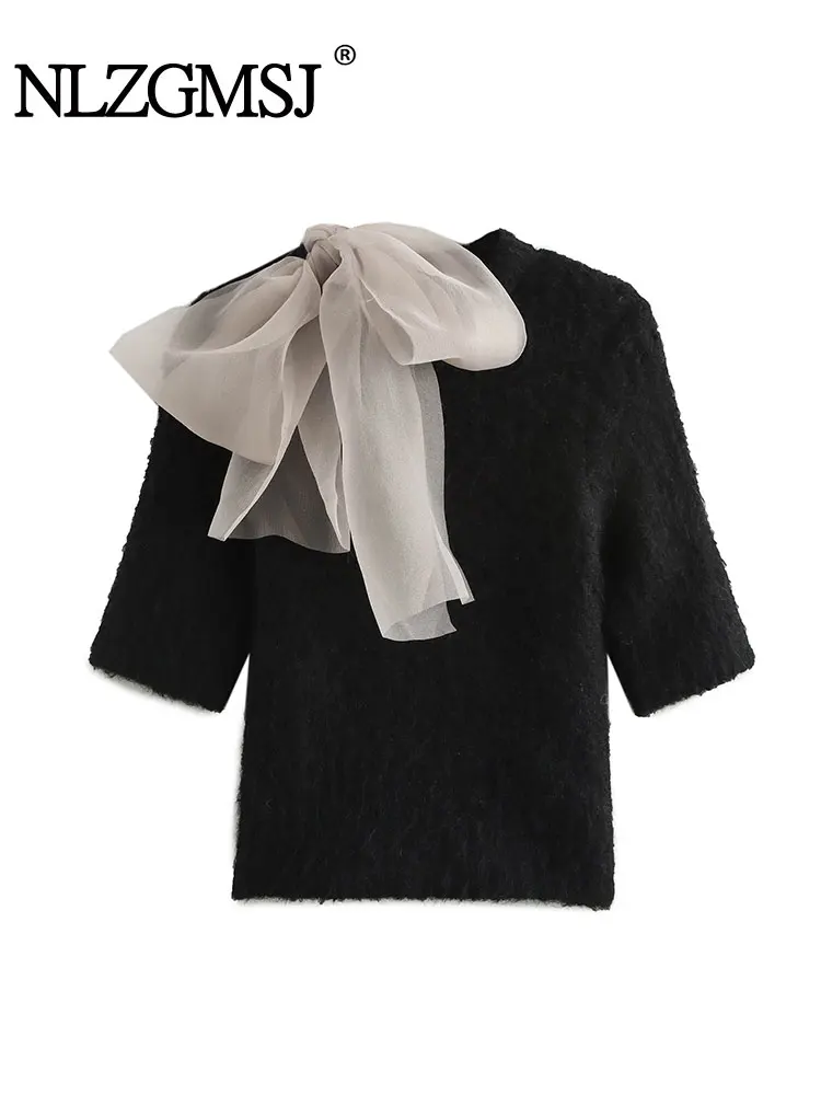 

2024 Autumn Women's Sweater Short Sleeve Knitted Pullovers Elegant Organza Bow Short Knitwear Sweaters Tops ﻿
