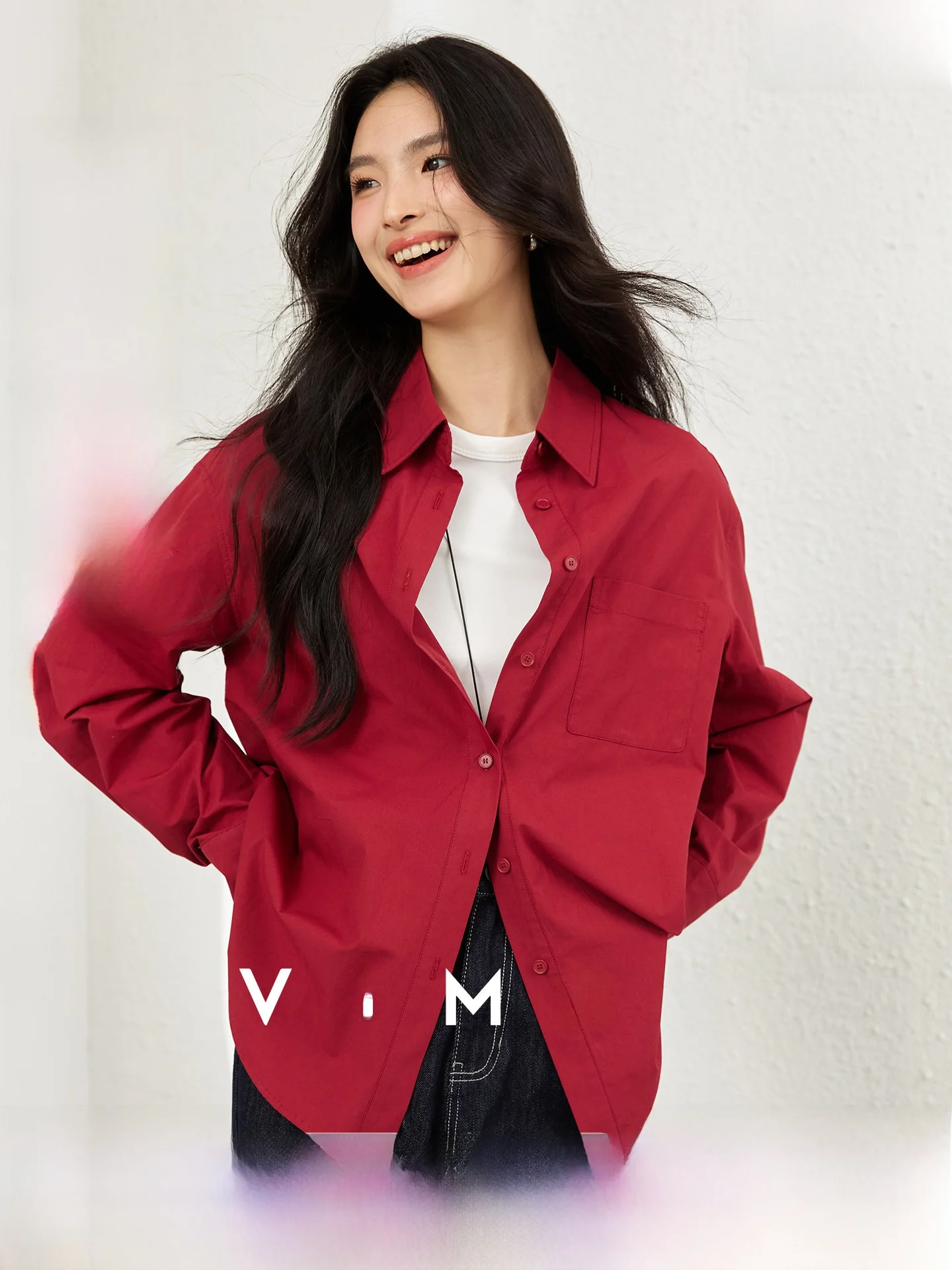 

Red Pure Cotton Long Sve irt Women's Spring Autumn Slim Fit Turn-down Collar Top Coat Casual Sle Loose Version Cotton