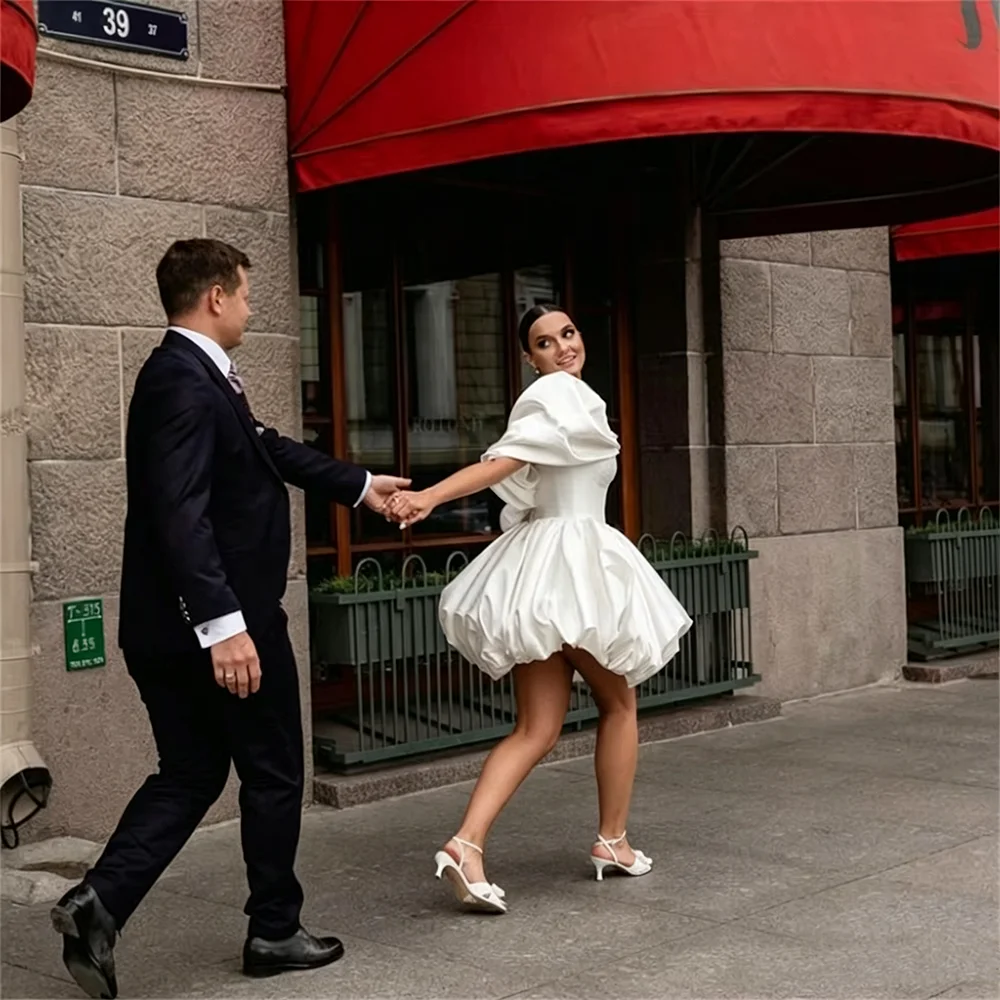 Off Shoulder Puff Sleeve Satin Mini Wedding Dress Bubble Skirt Bridal Gowns Short Reception Elopement Bride Party Dresses Custom