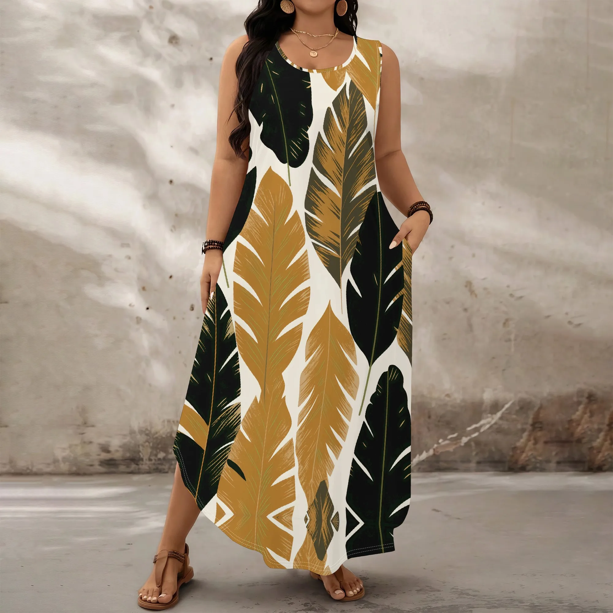 

XL-6XL Plus Size Summer Dress for Women Sleeveless Leaf Print Casual Long Maxi Dress with Pocket Holiday Outfit 2025
