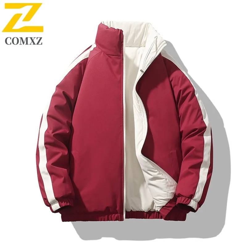 

COMXZ Cross Border Down Cotton Men Winter Reversible Stand Collar Cotton Thick Padded Plus Size Color Block Couple Puffer Trendy