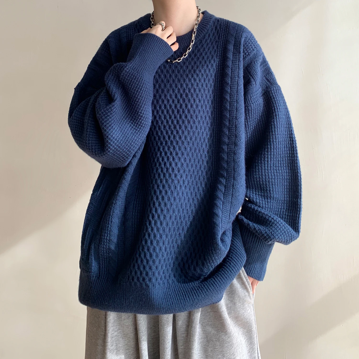 

Loose Fit Men's Knitted Sweater Spring Autumn Comfortable round Ne Twist Pattern Casual Inner Wear Teenager Faion Sle