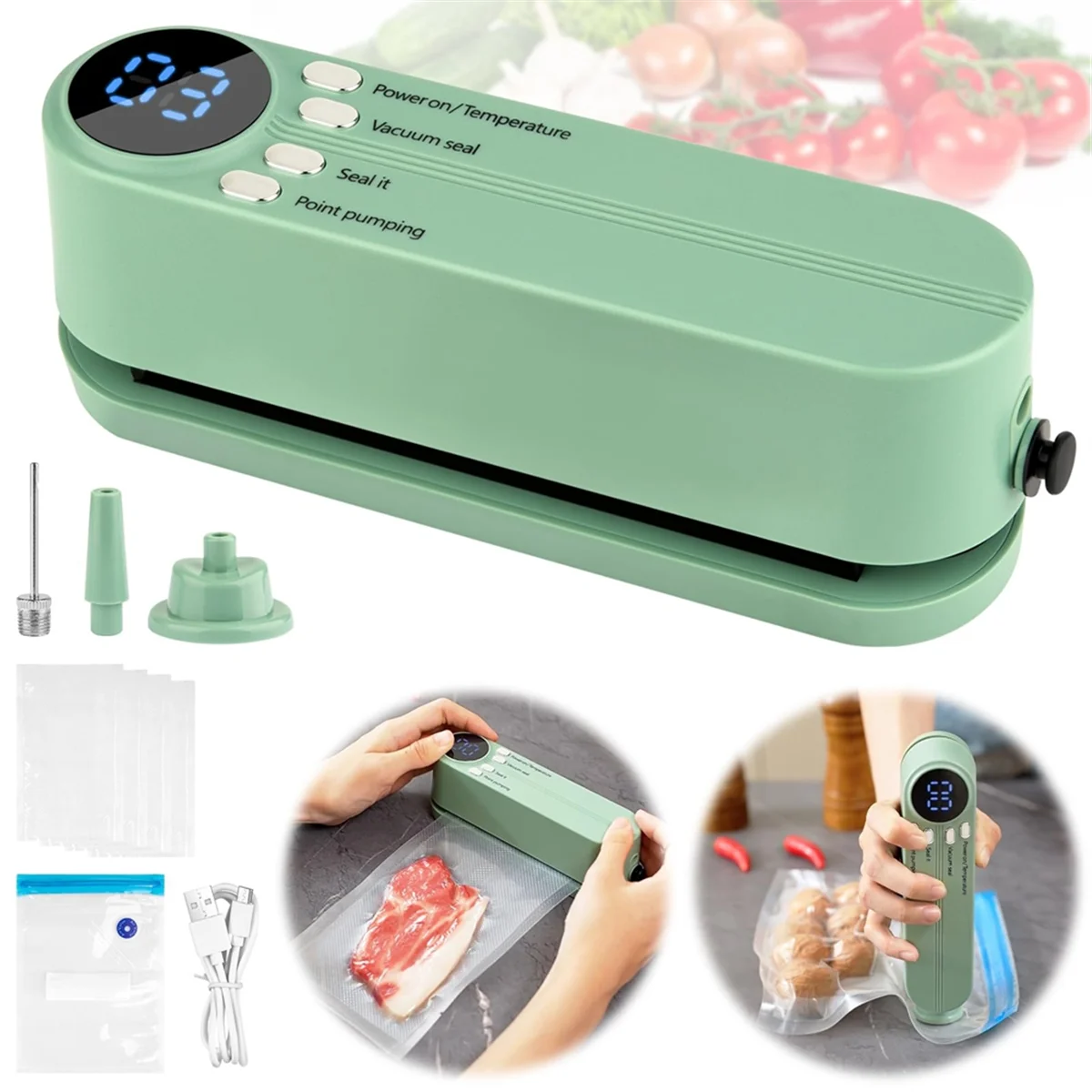 

CHFL Mini Vacuum Sealer for Food,3in1 Cordless Rechargeable Food Sealer for Dry/Moist Food Storage,Heat Sealer for Bags Green