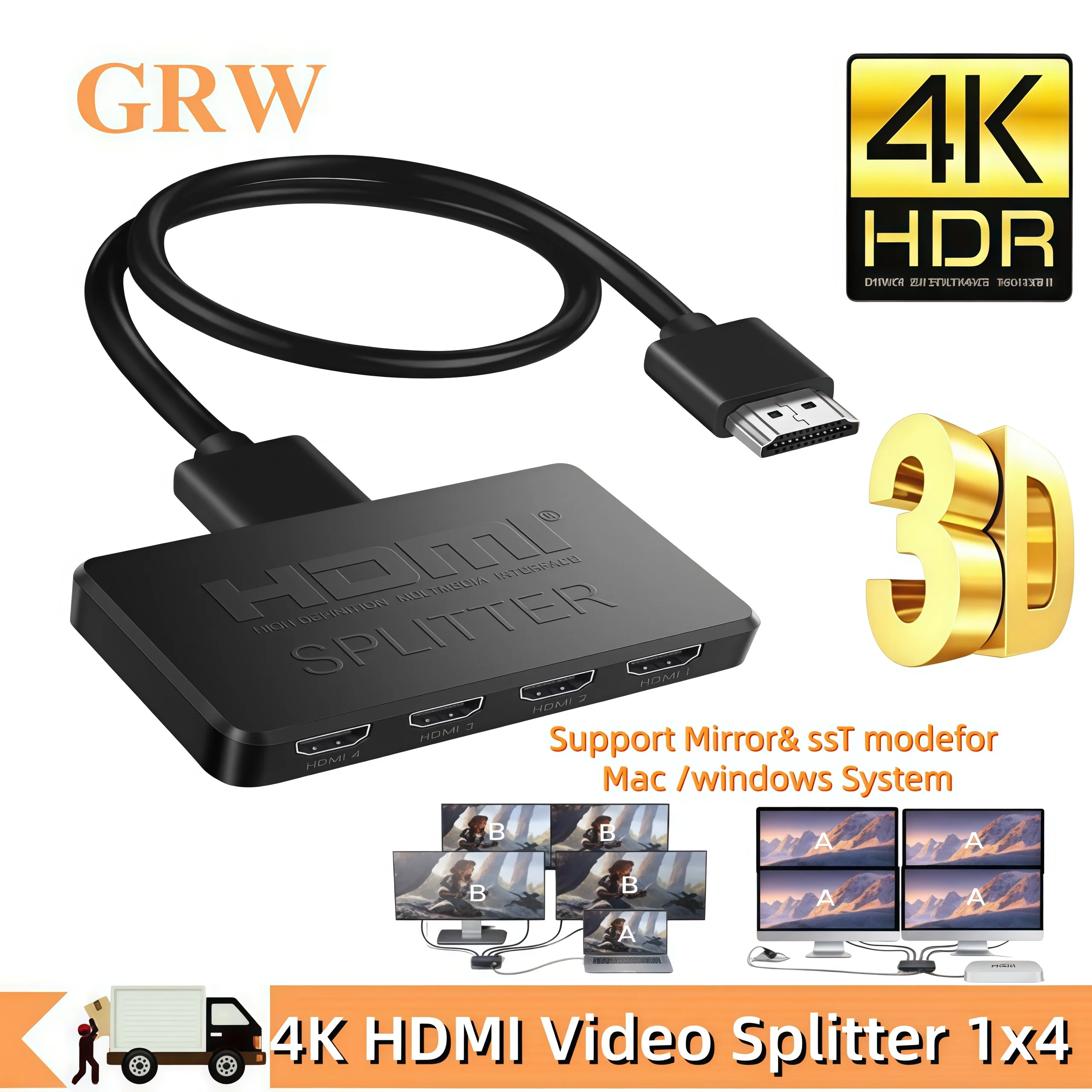 1 in 4 Out HDMI-Compatible Splitter HD 4K Video Switcher HDMI Cable Adapter 1x4 Hub For PS4 Laptop Monitor TV Box Projector