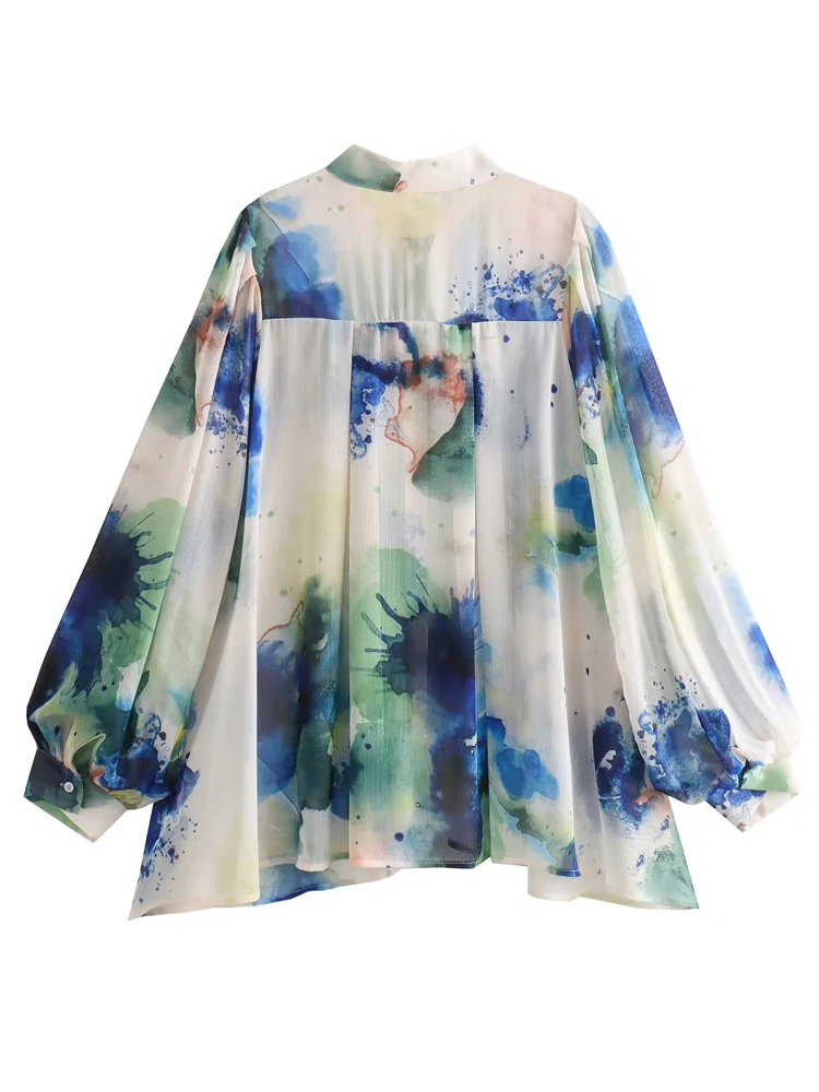 Korean Art print shirt for women Oversized 2024 Spring summer Fashion Bow tie Tops Long lantern sleeve blouse Streetwear 3T213