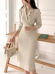 Summer Midi Blazer Suit Dress Women Slim Waist Fashion Bodycon Elegant Ladies Dresses Korean Style Split Pleated Woman Dress