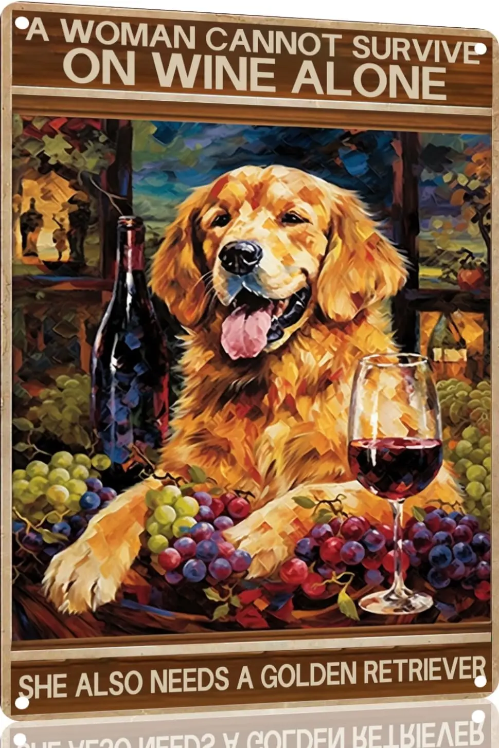 Letrero Metálico Retro con Diseño de Perro Golden Retriever y Vino Tinto, Póster 'Las Mujeres No Pueden Sobrevivir Solo con Vino', para Bar, Pub, Sala de Hombres, Club Canino (1)