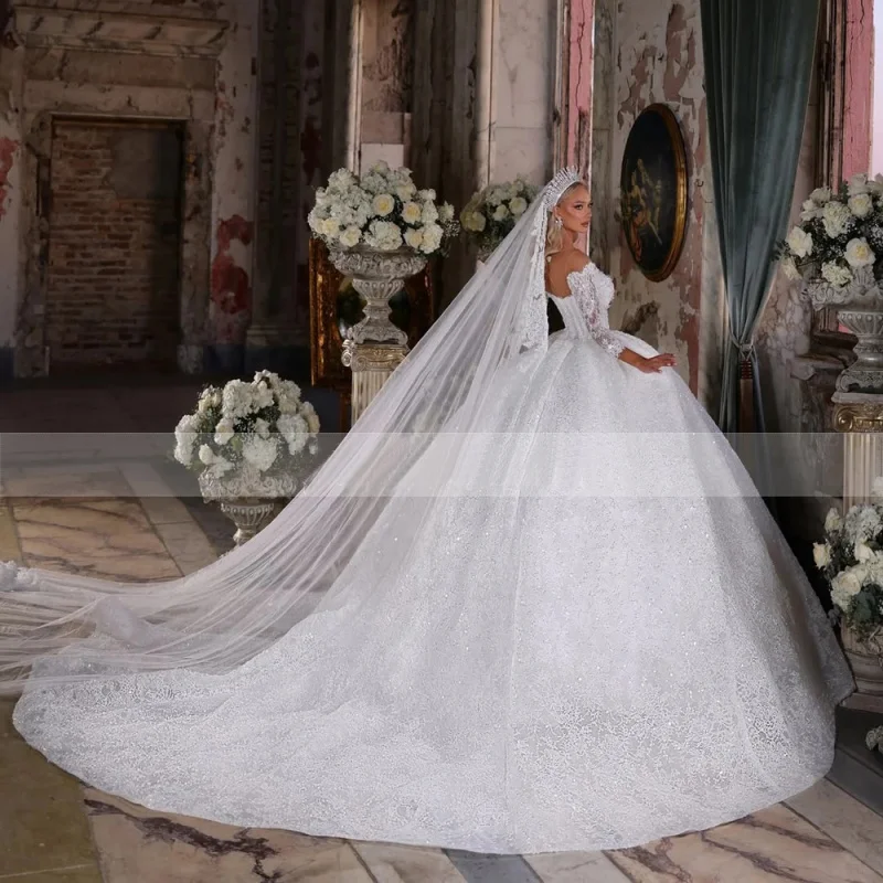 맞춤 제작 빈티지 블링 레이스 비즈 진주 볼 가운 웨딩 드레스 일루전 넥 3/4 소매 퍼프 브라이덜 가운