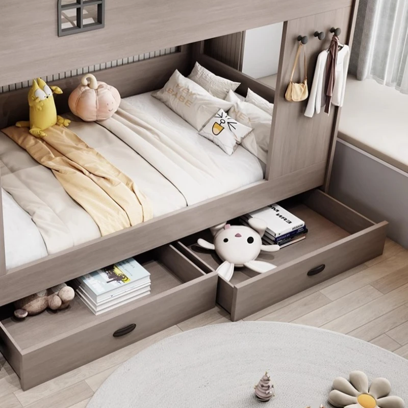 سرير أطفال إسكندنافي ذو طابقين، تصميم خشبي آمن، سرير أطفال على الطراز الحديث، روضة أطفال، أثاث منزلي مضاء