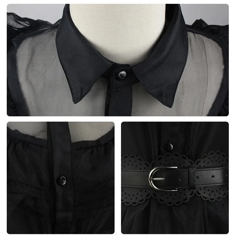 Halloween Carnival Gothic Costume Wednesday Addams Cosplay Black Dress for Girls Women Role Play Ball Party Suit Black Wig Belt