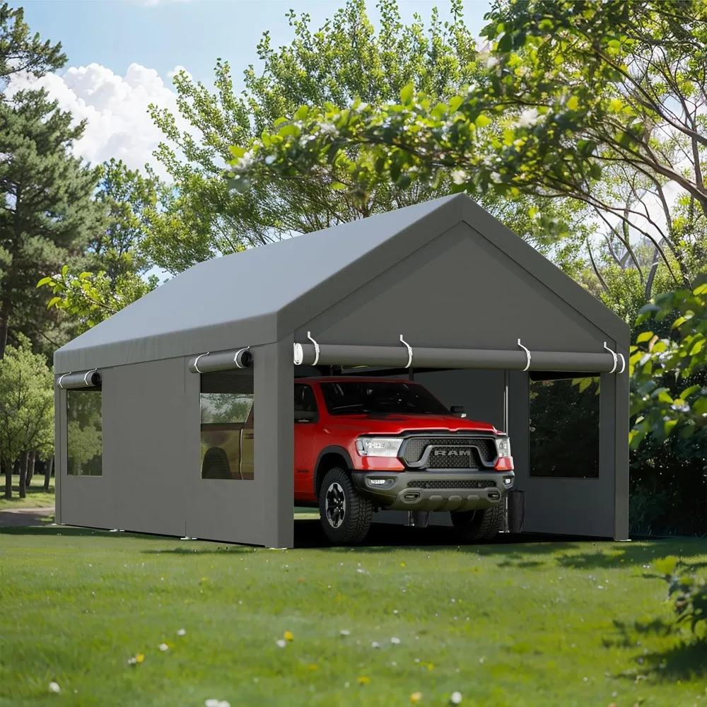 JY QAQA Carport، سيارة شديدة التحمل مقاس 12 × 20 قدمًا مع جدران وأبواب جانبية قابلة للإزالة، مظلة سيارة مع قماش القنب لجميع المواسم للسيارات، رمادي