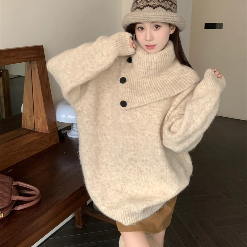 

Women's Vintage Long-Sleeved Turtleneck Sweater, Warm Pullover Chic Top, Detachable Bib, Western Style, Mid-Length, Autumn, 2026