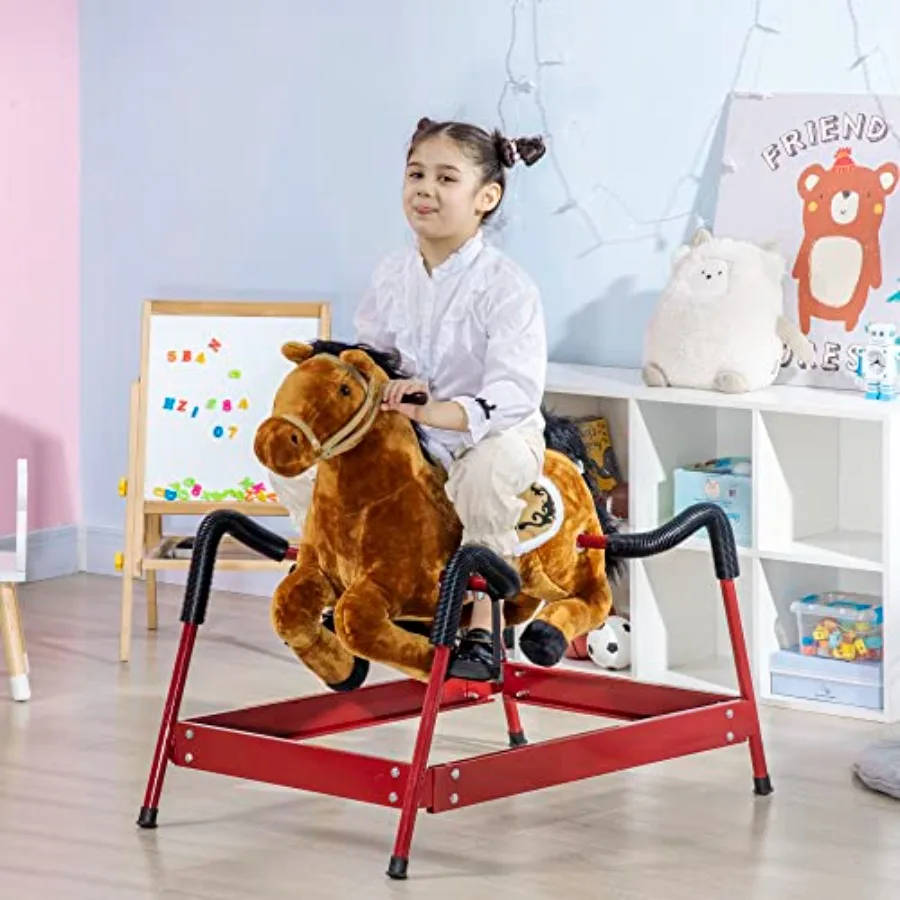 Caballo mecedora de primavera para niños, caballo paseo para niñas y niños con sonidos de animales, paseo de caballo de peluche con sensación suave, interactivo