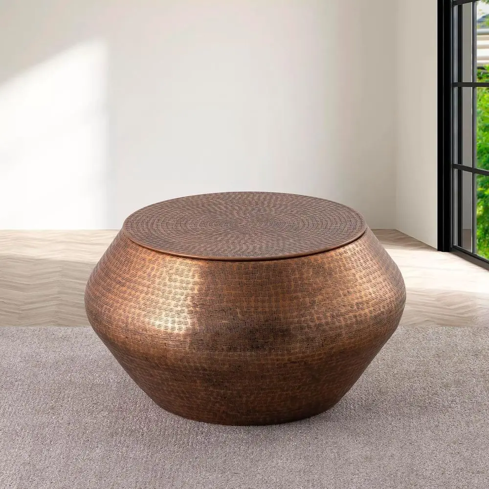 

Cylindrical Hammered Metal Coffee Table with Removable Lid, Storage, and Fully Assembled for Living & Bedroom, Copper Finish