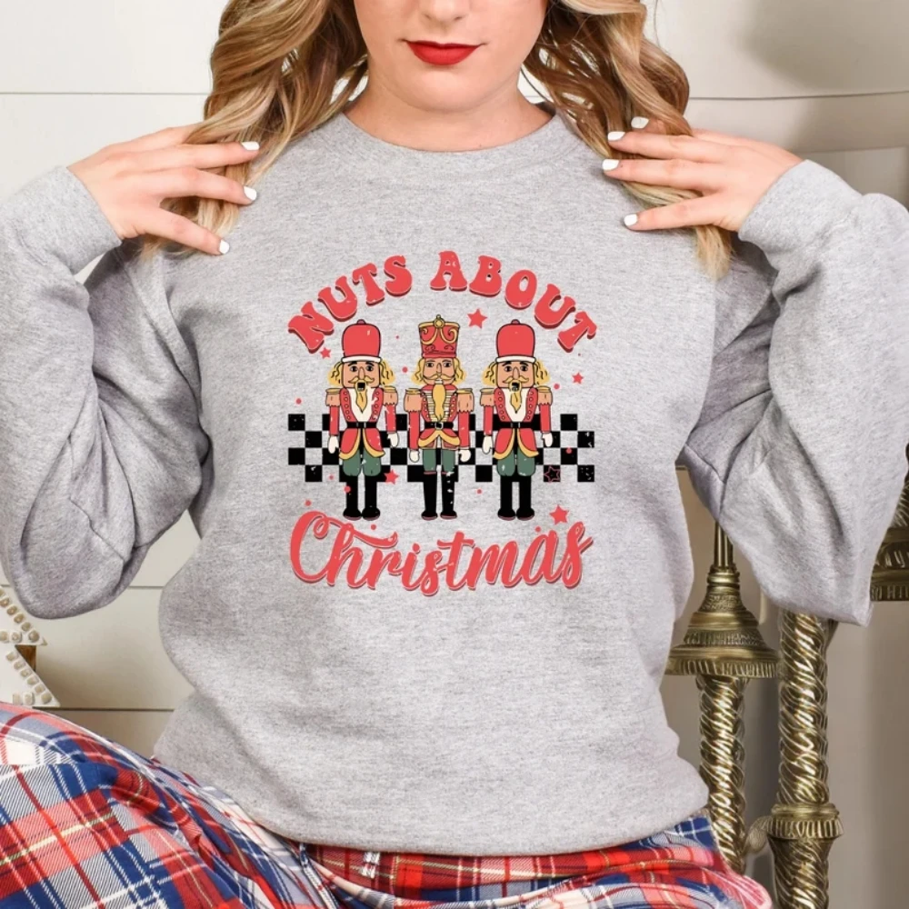 Nuts About Christmas Nutcracker Sweatshirt Christmas Party Retro Tee Holiday Apparel Cute Funny Shirt Winter Women Clothes