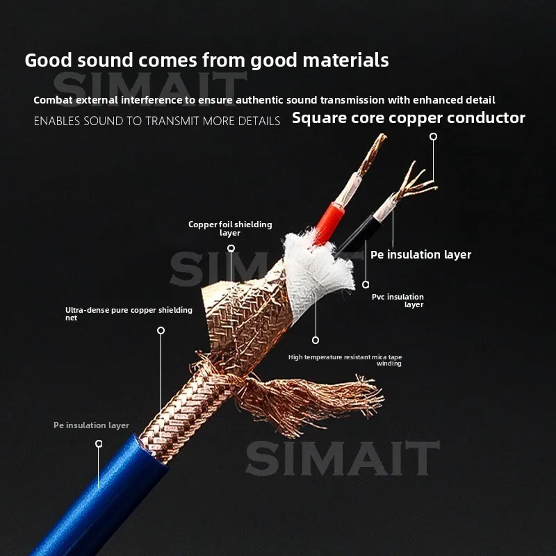 Audiophile Signal Cable, Square Core Monocrystal Copper HiFi Audio Cable, Full Copper Foil Wrap