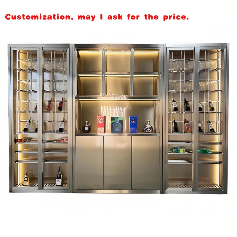 custom.Luxury Custom Open Wine Cabinet with LED Lighting Stainless Steel Liquor Red Wine Display Showcase and Open Partition Win